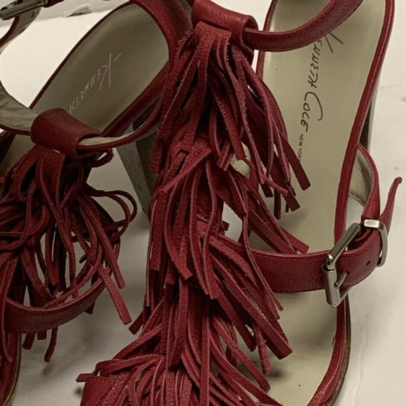 Kenneth Cole Pink Fuchsia Leather Fringe Wood Heels Sandals Sz 8M Ankle Straps - Picture 2 of 9